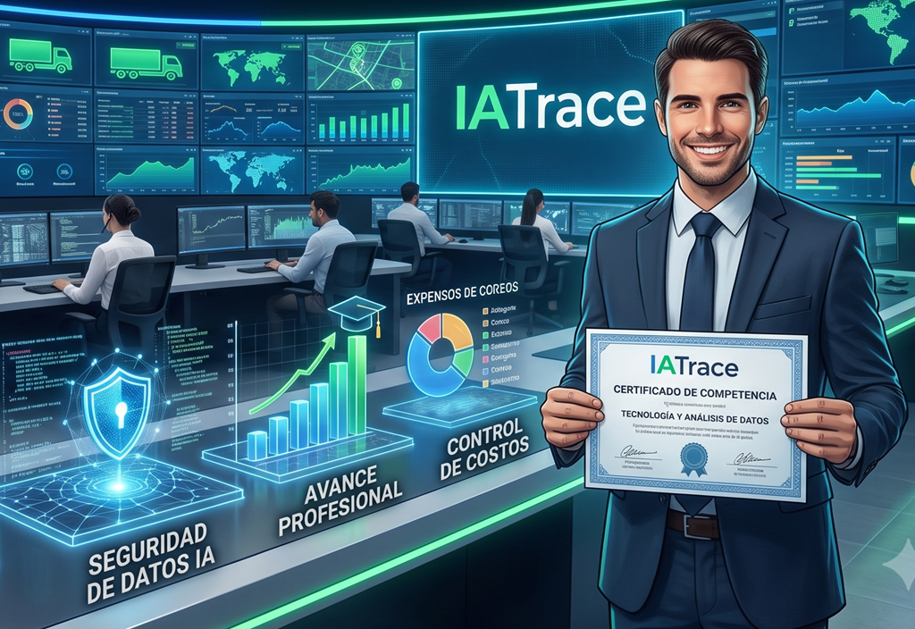 Profesional en un centro de monitoreo mostrando su certificado de competencia de IATrace, rodeado de gráficos interactivos de optimización de flotas, seguridad de datos con IA, avance profesional y control de costos.