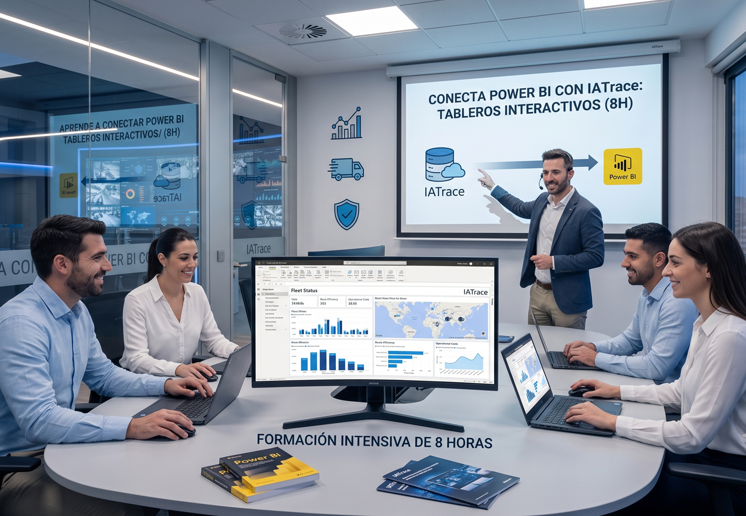 Profesionales y coordinadores logísticos en una sala de capacitación interactiva aprendiendo a conectar las fuentes de datos de IATrace con tableros de control de Power BI.